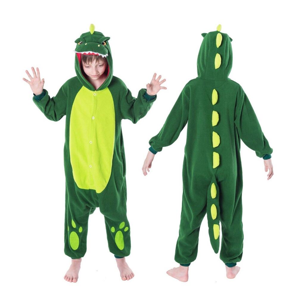Spooktacular Kids L Green Dinosaur Pajama Plush jumpsuit One Piece Costume‎ READ